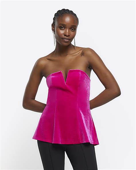 Pink Velvet Bandeau V Neck Top River Island