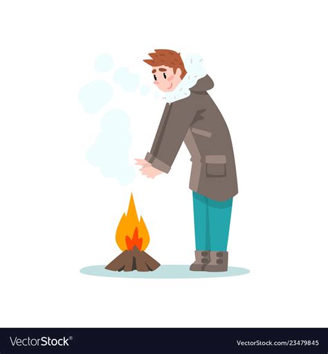 Man Warming His Hands By The Fire Outdoor Leisure Vector Image