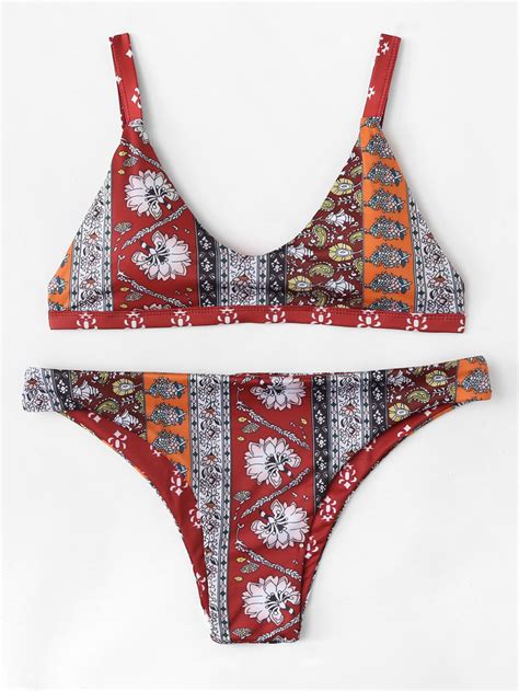 Flower Print Adjustable Straps Bikini Set Bikinis Bikinis Boho