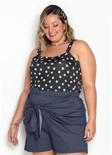 Blusa Floral Preta Alças Plus Size Marguerite