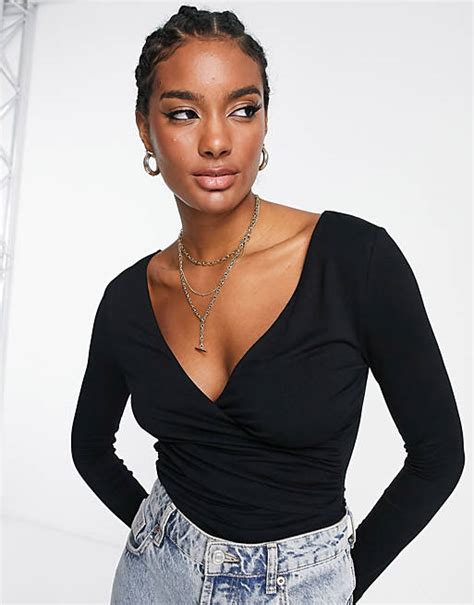 Asos Design Wrap Long Sleeve Bodysuit In Black Asos