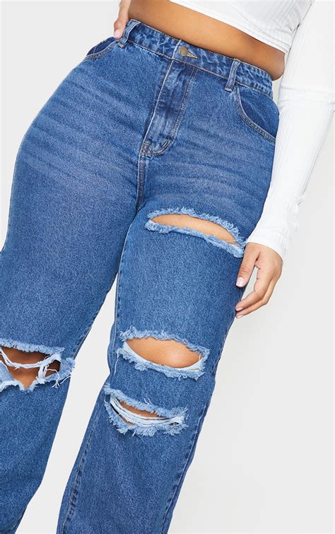 Plt Plus Mid Blue Wash Ripped Straight Jeans Prettylittlething Usa