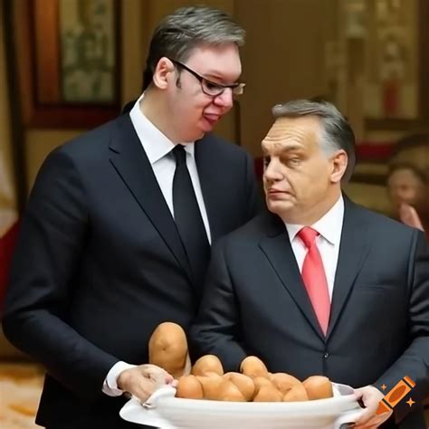 Satirical Image Of Aleksandar Vucic Feeding Meatballs To Viktor Orban