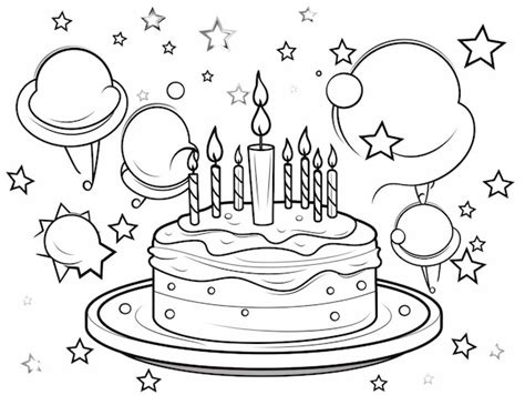 Premium Photo | Coloring pages for kids birthday cake with candles and balloons generative ai