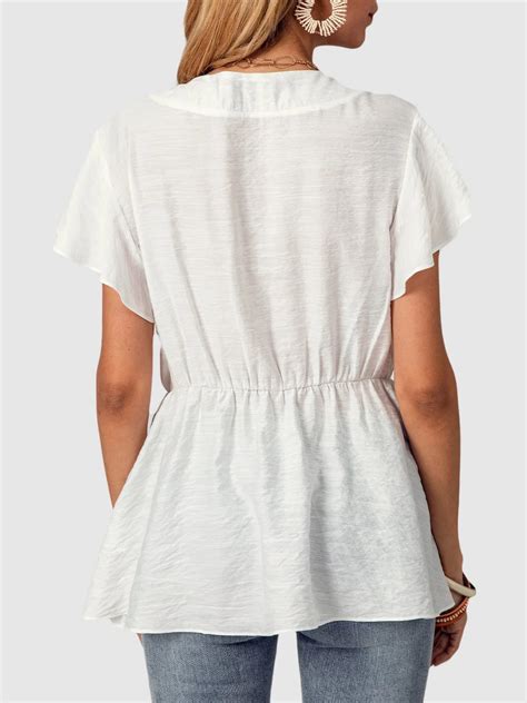 Stylewe Short Sleeve White Women Tops V Neck Casual Chiffon Lace Up