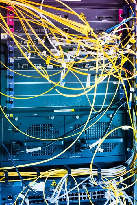 Optical Cables Connected To Internet Service Provider Data Switc Stock