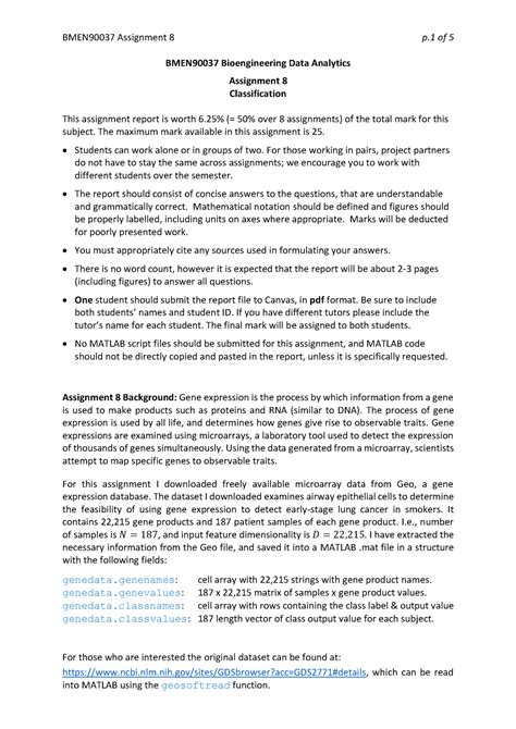 BMEN90037 Assignment 8 1 BMEN90037 Bioengineering Data Analytics