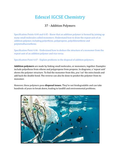 Edexcel Igcse Chemistry Worksheet 37 Addition Polymers Teaching Resources