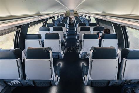 High Angle View Of Interior Of Modern Passenger Subway Or Intercity