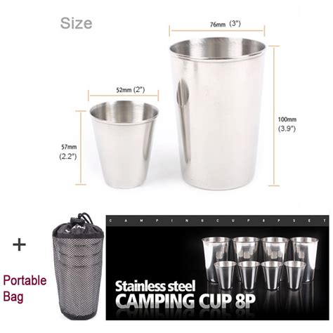 Stainless Steel Camping Cups Set 8p Tea Coffee Travel Outdoor Cup