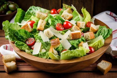 Basket Of Fresh Romaine Juicy Cherry Tomatoes And Croutons For A