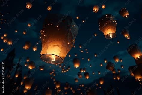 Lanterns flying with flame in the night sky. Floating Lantern Festival ...