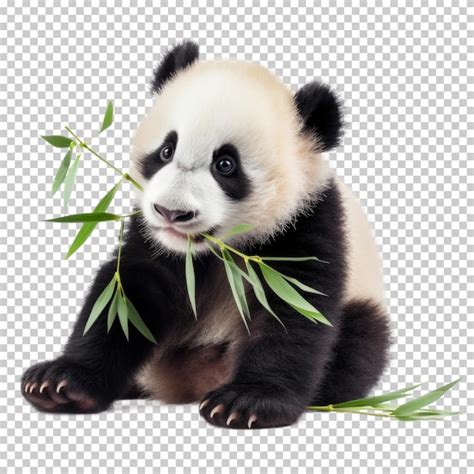 Panda bebé comiendo bambú aislado sobre fondo transparente Archivo