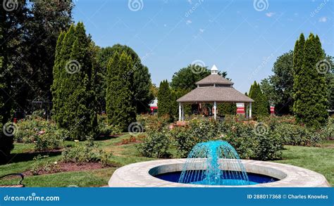 Blue Fountain In A Boise Rose Garden Stock Photo Image Of Flowers