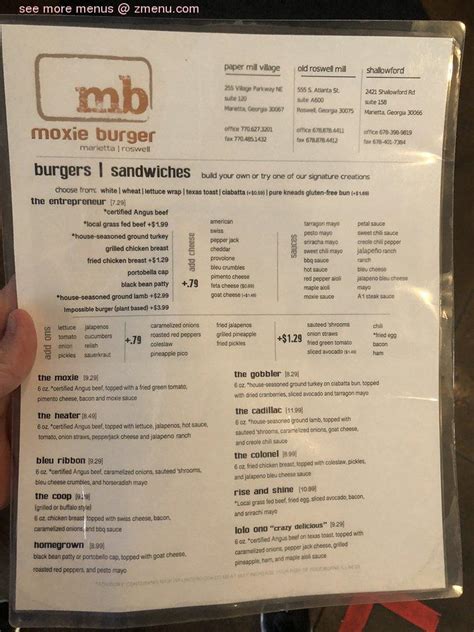 Menu at Moxie Burger restaurant, Marietta, 255 Village Pkwy NE