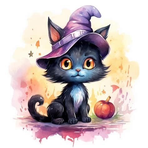 Premium AI Image Painting Of A Black Cat Wearing A Witch Hat And