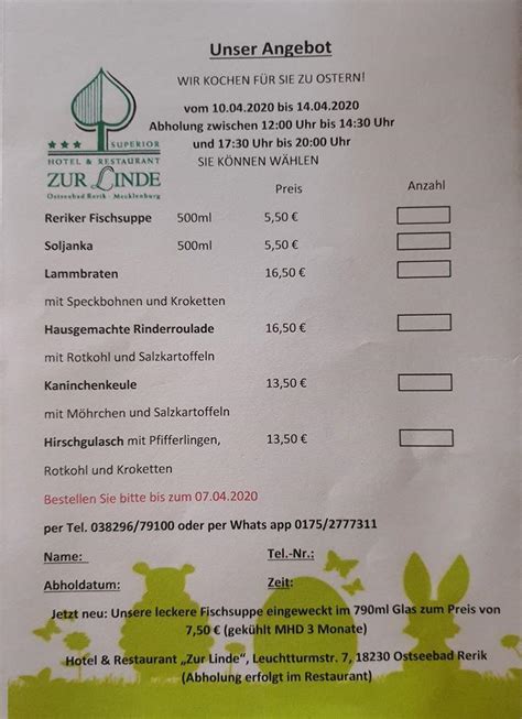 Speisekarte Von Hotel Und Restaurant Zur Linde Rerik