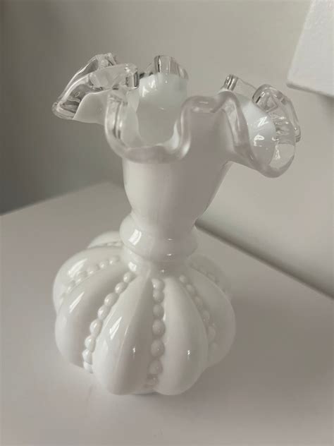 Vintage Fenton Silvercrest White Milk Glass Ruffled Edge Beaded Melon