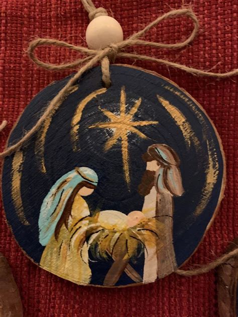 Nativity Ornament Set Away In A Manger Hand Painted Original Wood