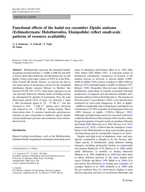 Functional Effects Of The Hadal Sea Cucumber Elpidia Atakama