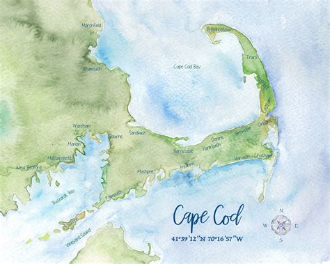 Cape Cod Watercolor Map 8x10 Etsy