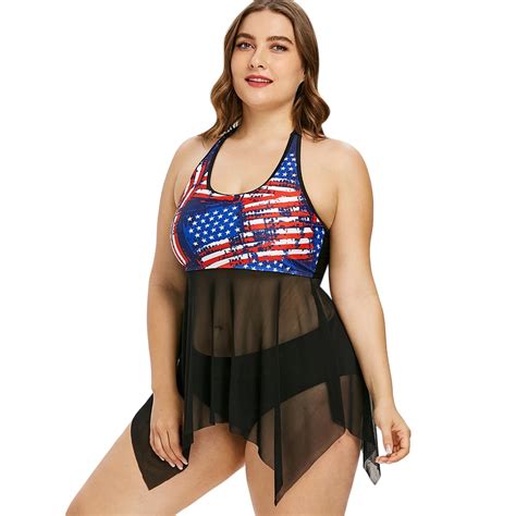 Wipalo Plus Size American Flag Sheer Mesh Women Set Summer Empire Waist