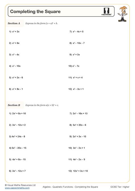 Completing the Square to Find Turning Points Worksheet / Worksheet ...