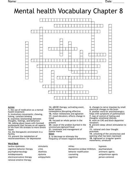 Mental Health Crossword Puzzle Printable