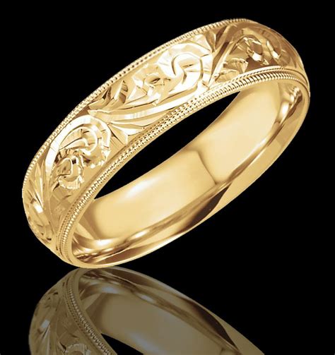 6mm Hand Engraved 14k Yellow Gold Wedding Band Wedding Band Engraving