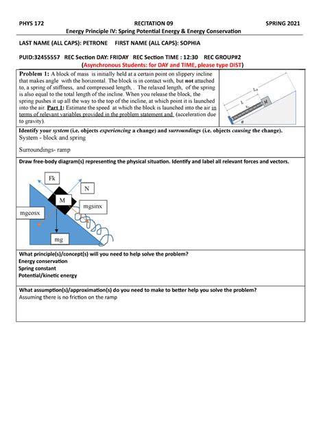 Phys172 S21 Rec09 Final Turn In PHYS 172 RECITATION 09 Energy