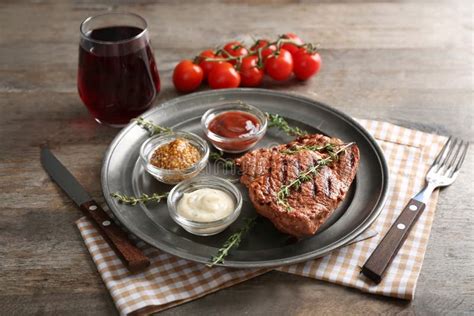 Tasty Grilled Steak With Different Sauces On Metal Tray Stock Photo