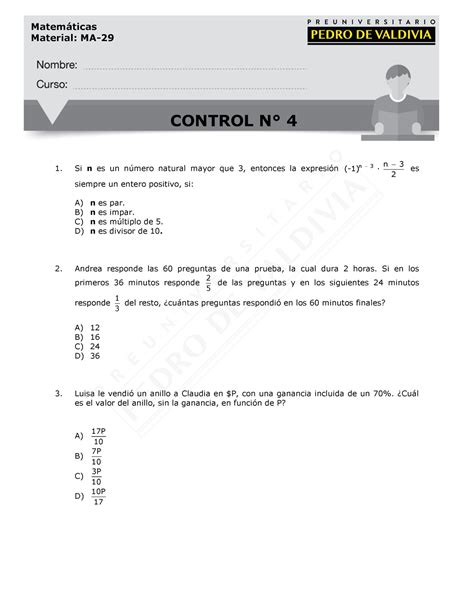 Guía de ejercicios Matemticas Material MA CONTROL N 4 Si n es un