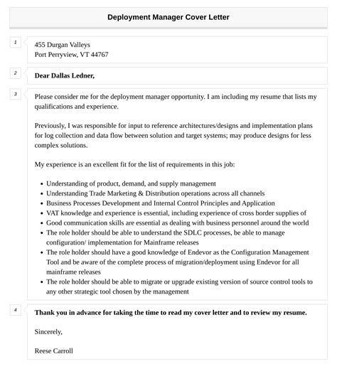 Deployment Manager Cover Letter Velvet Jobs