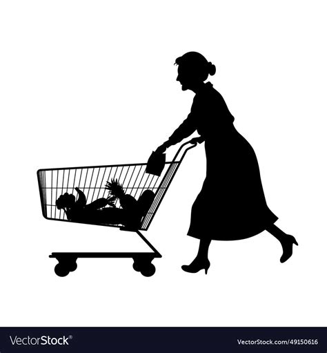 Old Woman Push Shopping Cart Silhouette Royalty Free Vector