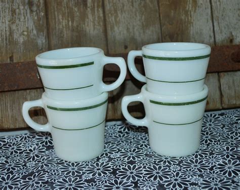 Vintage Set Of 4 Pyrex Diner Ware Milk Glass And Green Stripe Etsy