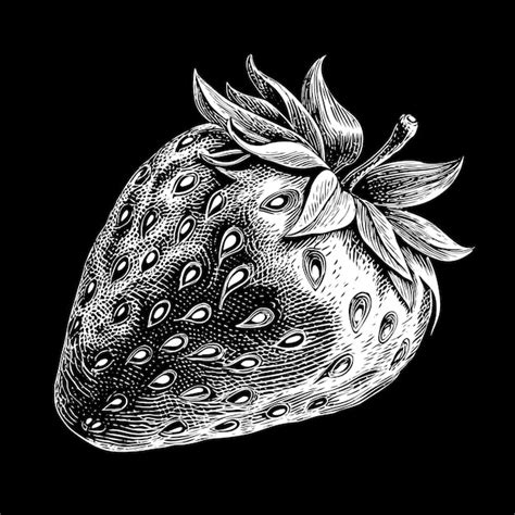 A black and white drawing of a strawberry with a green leaf on top ...