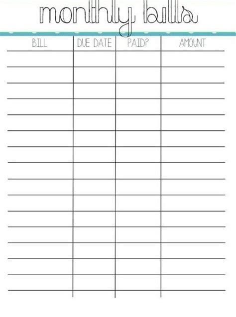 Printable Monthly Bill Paying Worksheet