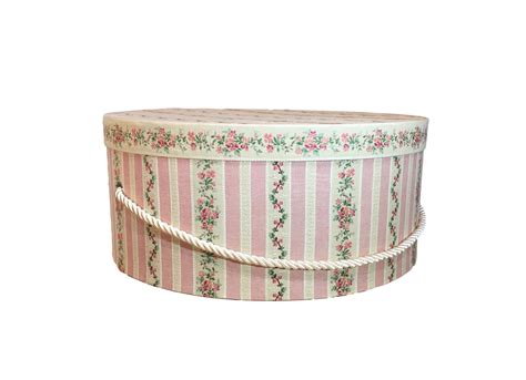 Large 17” Hat Box In Vintage Pink Floral Stripe Fabric Decorative Hat