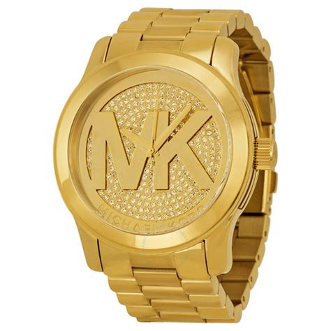 Rel Gio Feminino Runway Gold Dial Crystal Pave Modelo Mk Banhado