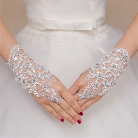 Sequined Bridal Gloves Lace Wedding Glove White Red Wrist