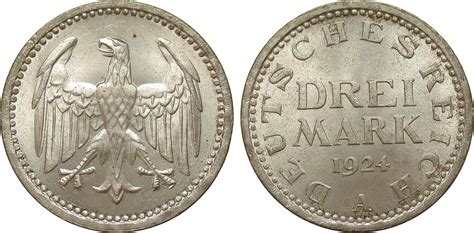 Weimarer Republik 3 Mark Kursmünze 1924 A vorzüglich Stempelglanz