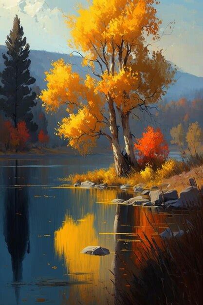 Premium AI Image | A painting of a lake with autumn leaves