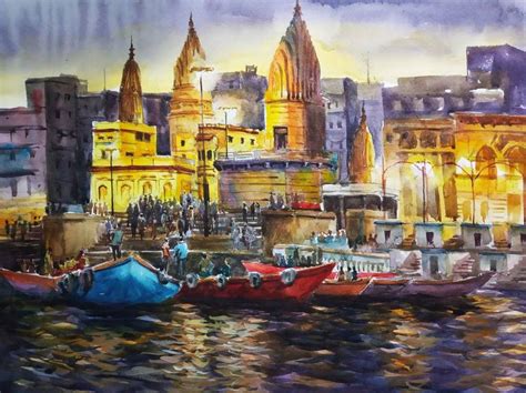 Varanasi ghat painting Painting by Anjan Laha | Saatchi Art