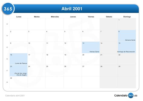 Calendario Abril 2001