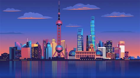 Shanghai City Wallpaper 4K, Illuminated, Skyline, Aerial view