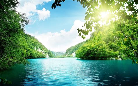 Blue river water and wonderful green nature - HD wallpaper