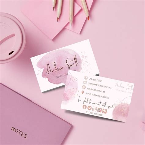 Business Card Template Watercolor Rose Gold Editable Business Card Instant Download Diy