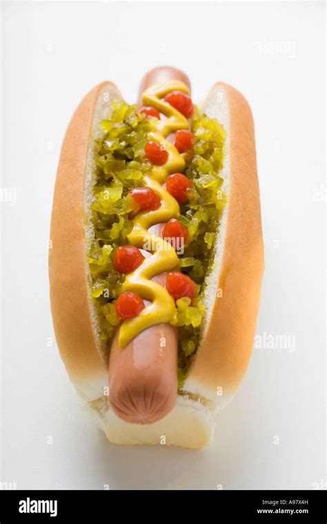 Hot dog with relish mustard and ketchup FoodCollection Stock Photo - Alamy