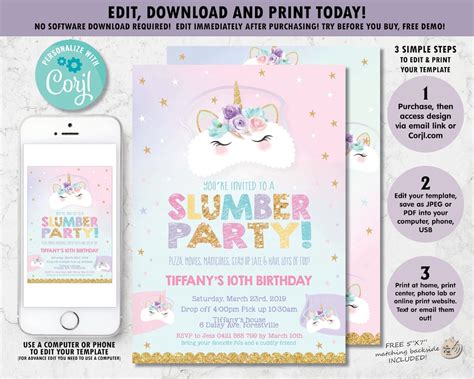 Unicorn Sleepover Invitation Unicorn Slumber Party Invite Etsy