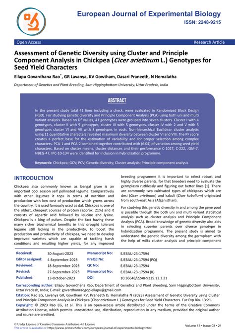 PDF Assessment Of Genetic Diversity Using Cluster And Principle